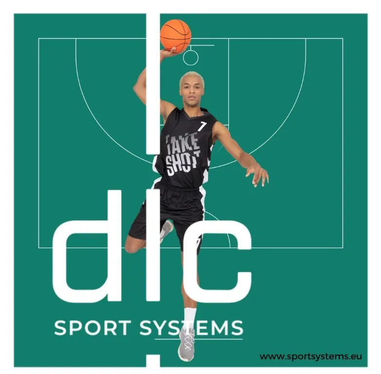 Een logo van DLC-sportsystems en een persoon met een basketbal.