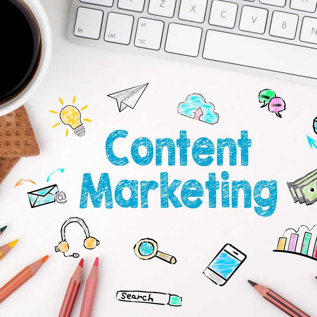 Afbeelding van een content marketing concept met strategische planning, creatieve inhoud en effectieve verspreiding om de doelgroep te bereiken en betrekken.